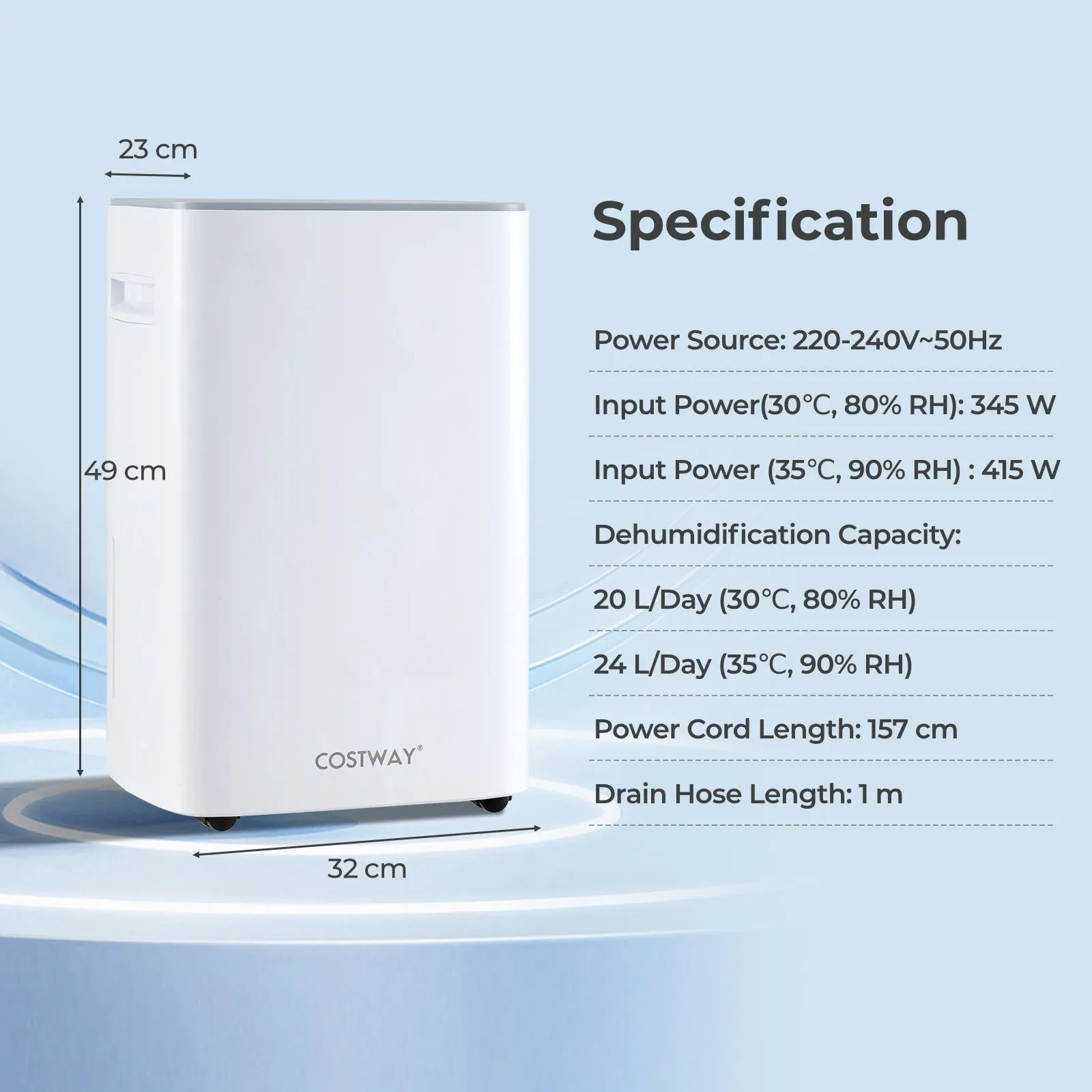 24 L Energy Efficient Dehumidifier with Auto Drain or Manual Drainage-White
