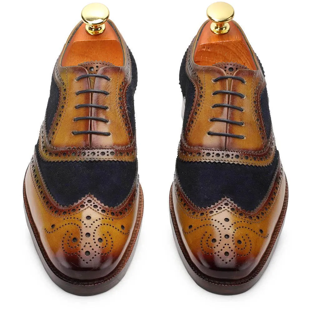7 CM / 2.76 Inches CMR CHAMARIPA Dress Elevator Shoes For Men - Handcrafted Wingtip Brogue Oxford - Navy Suede