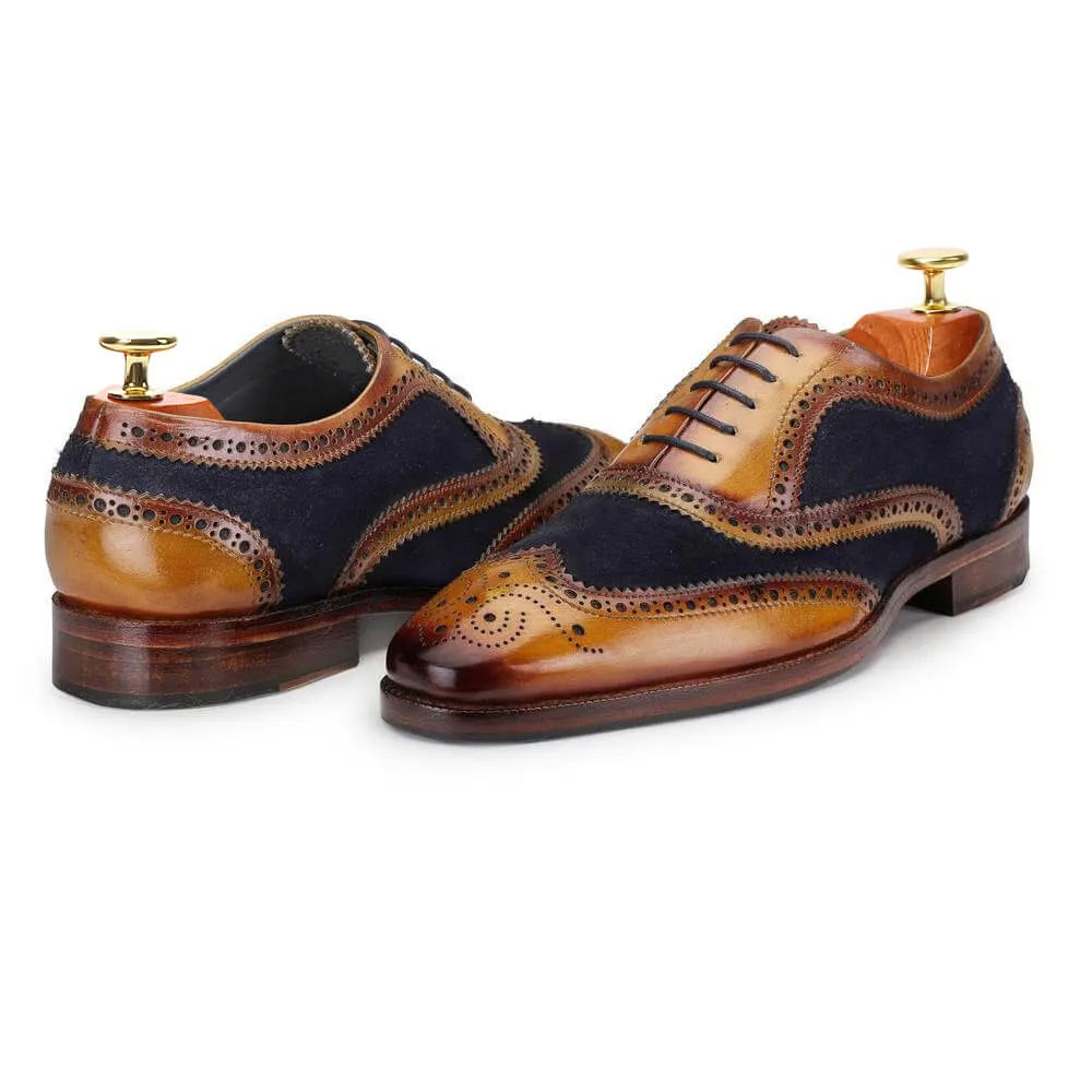 7 CM / 2.76 Inches CMR CHAMARIPA Dress Elevator Shoes For Men - Handcrafted Wingtip Brogue Oxford - Navy Suede