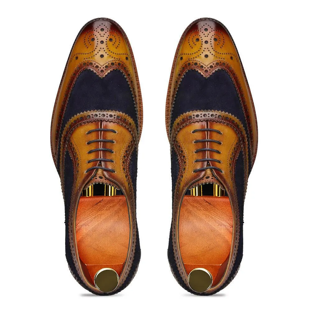 7 CM / 2.76 Inches CMR CHAMARIPA Dress Elevator Shoes For Men - Handcrafted Wingtip Brogue Oxford - Navy Suede