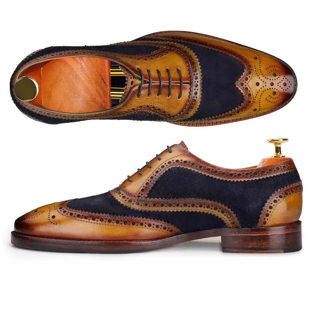 7 CM / 2.76 Inches CMR CHAMARIPA Dress Elevator Shoes For Men - Handcrafted Wingtip Brogue Oxford - Navy Suede