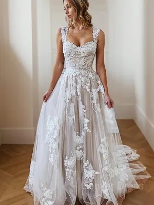 A-Line Square Court Train Tulle Wedding Dress with Appliques Lace