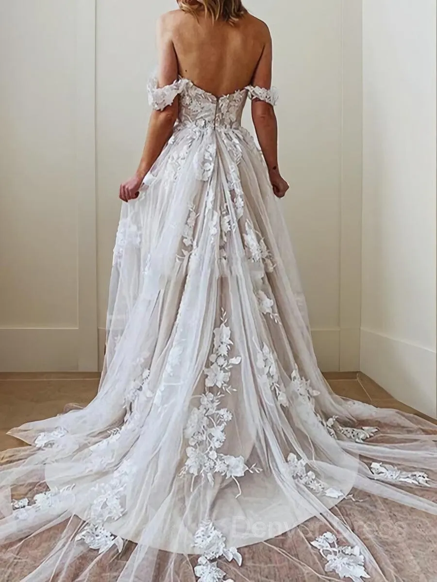 A-Line Square Court Train Tulle Wedding Dress with Appliques Lace