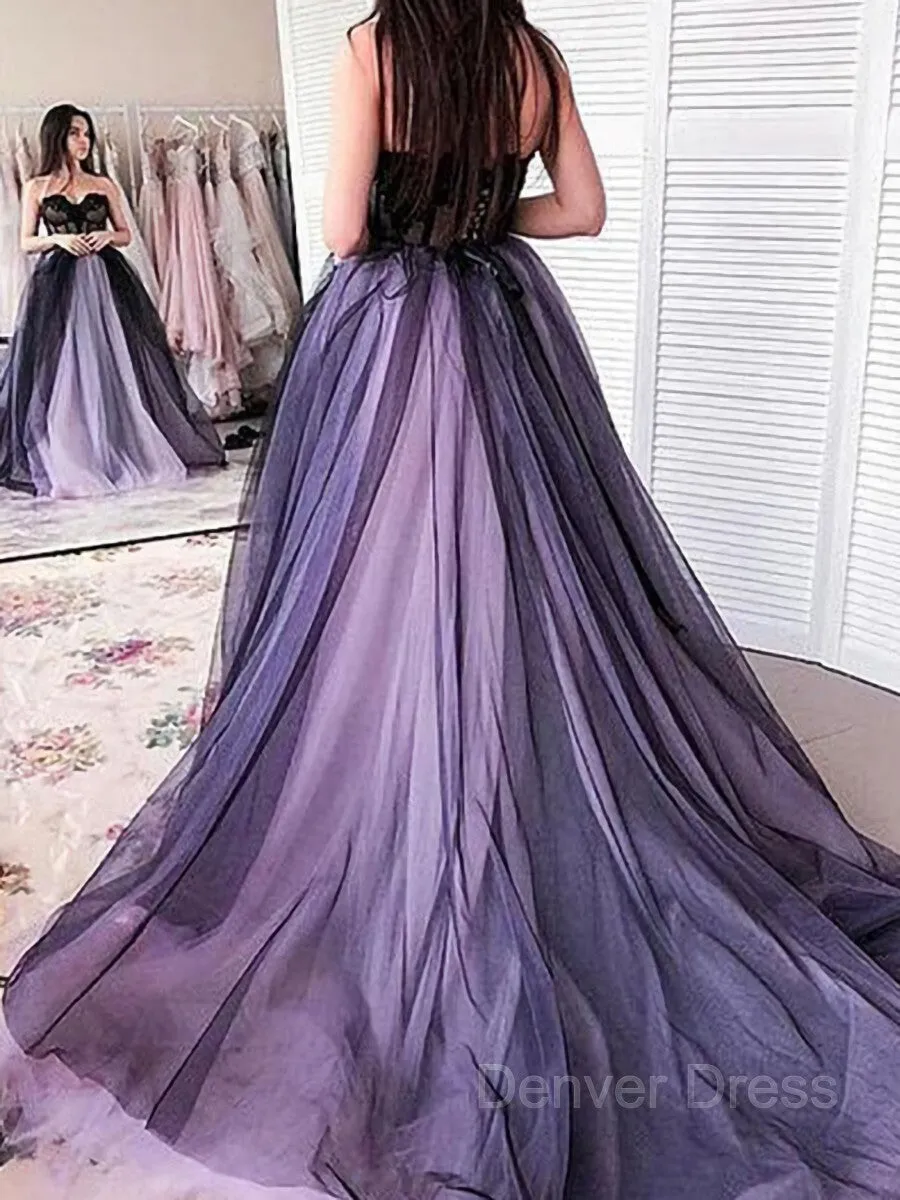 A-Line Strapless Court Train Tulle Prom Dresses With Appliques Lace
