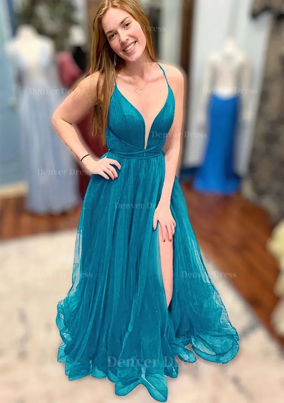 A-line V Neck Spaghetti Straps Court Train Tulle Prom Dress With Split