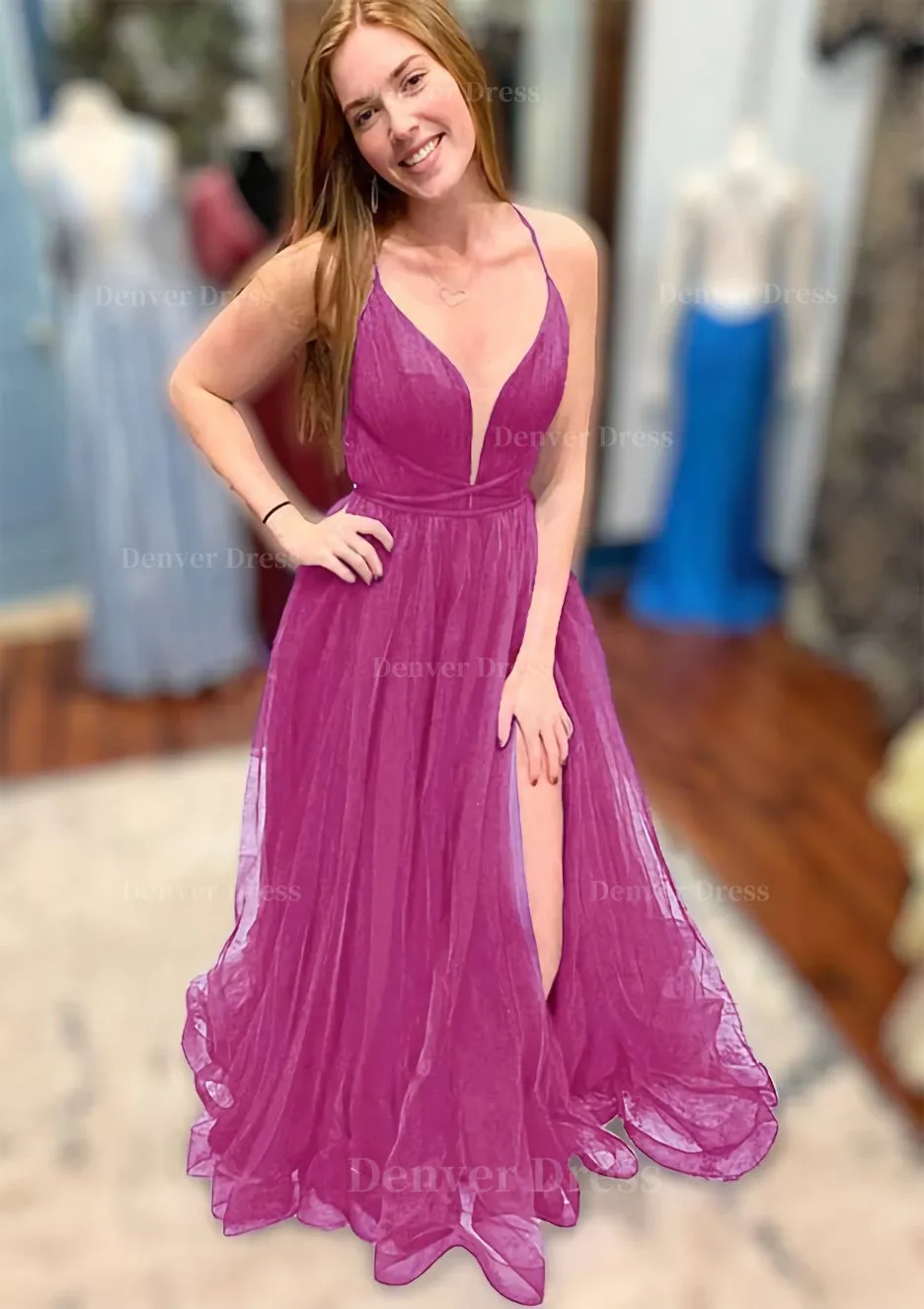 A-line V Neck Spaghetti Straps Court Train Tulle Prom Dress With Split