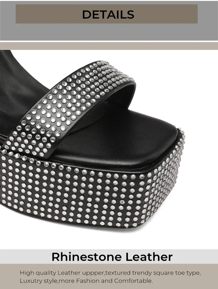 Ankle Strap Studded Chunky High Heels Glitter Strappy Sandals