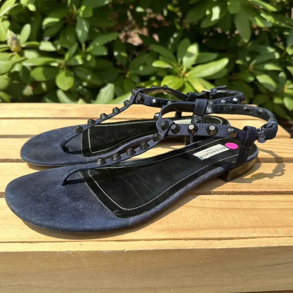 Balenciaga Suede Studded Accents T-Strap Sandals - Size 39.5
