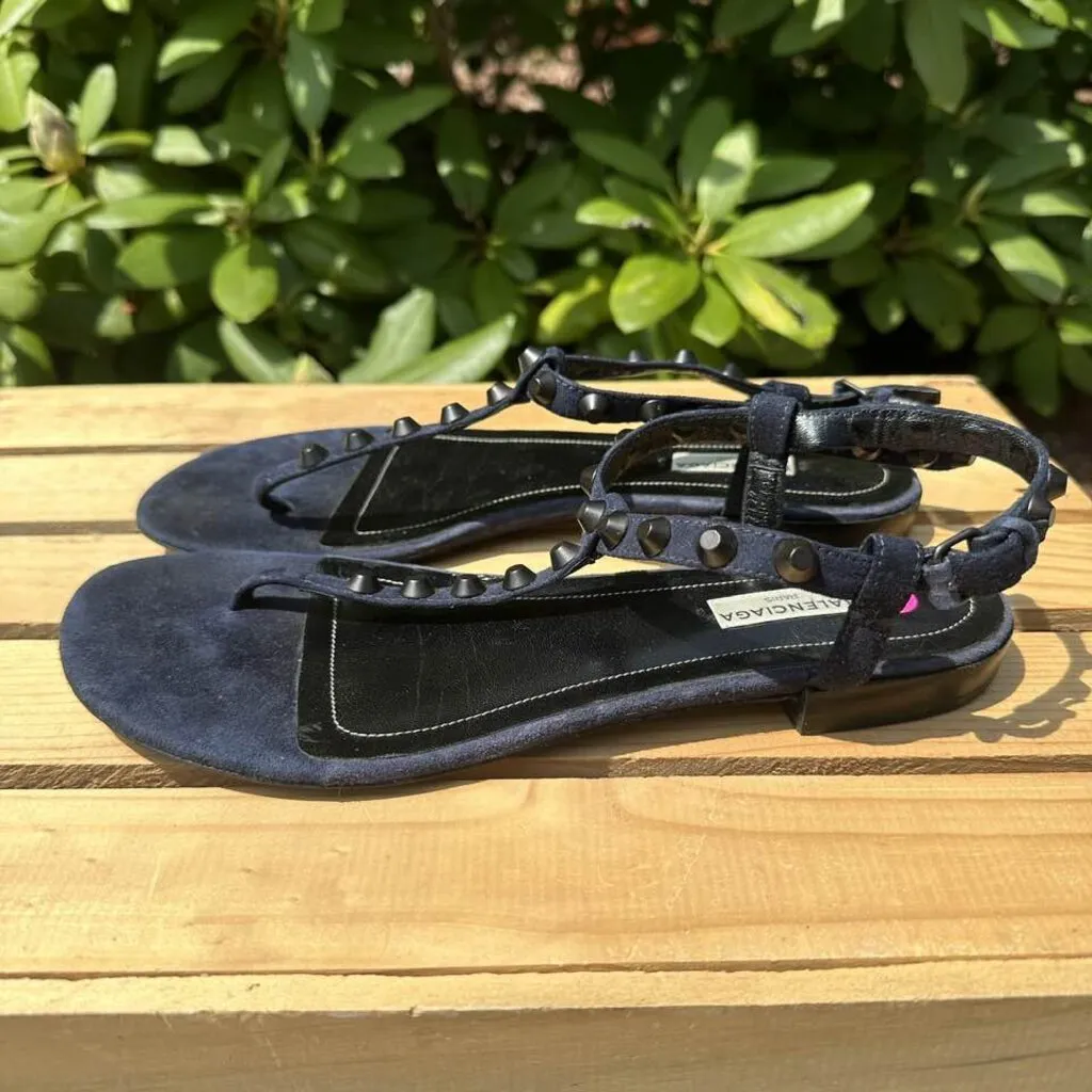 Balenciaga Suede Studded Accents T-Strap Sandals - Size 39.5