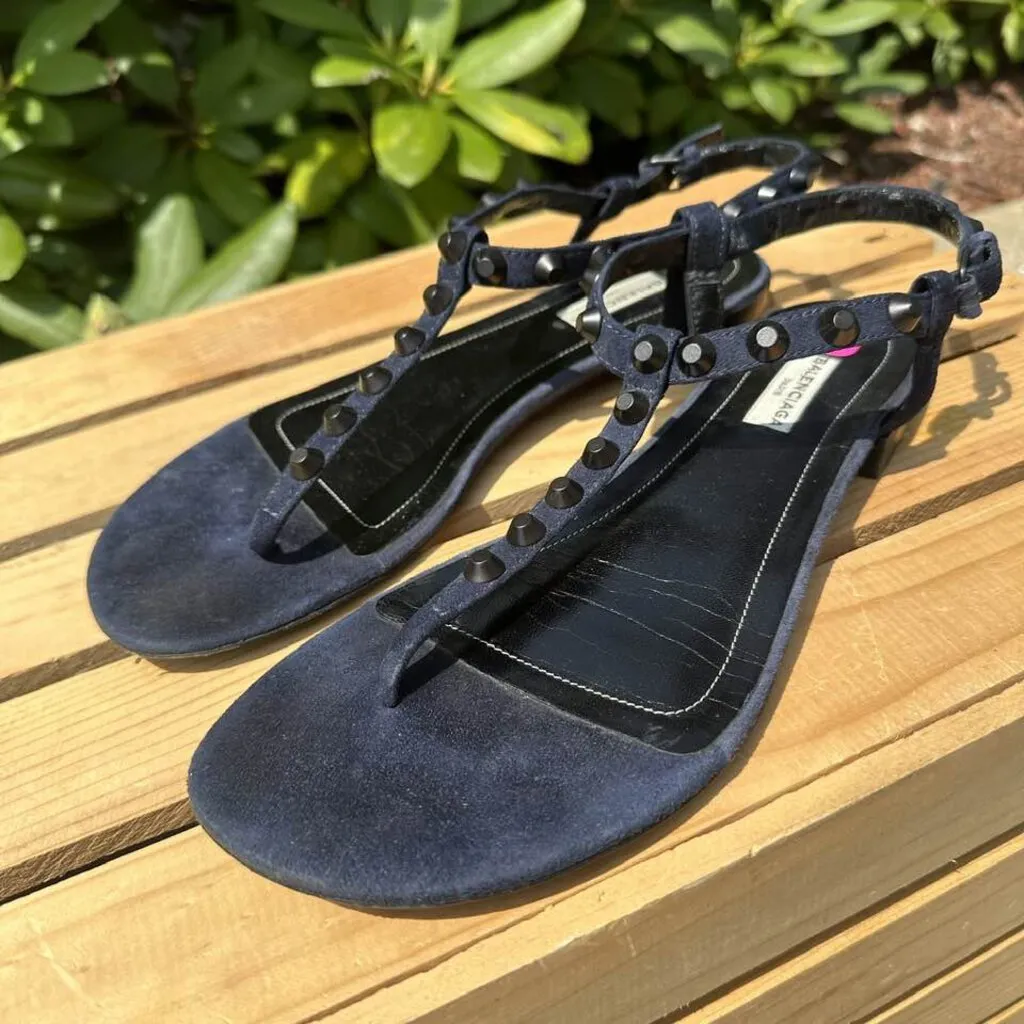Balenciaga Suede Studded Accents T-Strap Sandals - Size 39.5