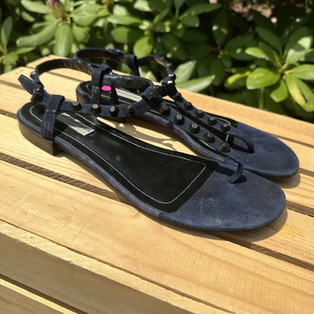 Balenciaga Suede Studded Accents T-Strap Sandals - Size 39.5