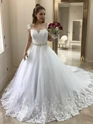 Ball Gown Sweetheart Court Train Tulle Wedding Dresses With Sash