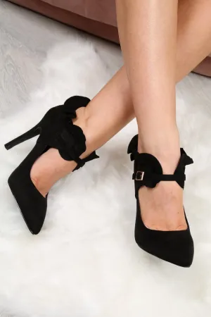 Black Faux Suede Frill Court Heels - Brynna