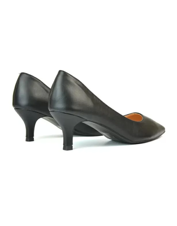 Cali Pointed Toe Court Shoes With a Low Kitten Heel In Black Synthetic Leather