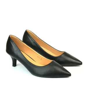 Cali Pointed Toe Court Shoes With a Low Kitten Heel In Black Synthetic Leather