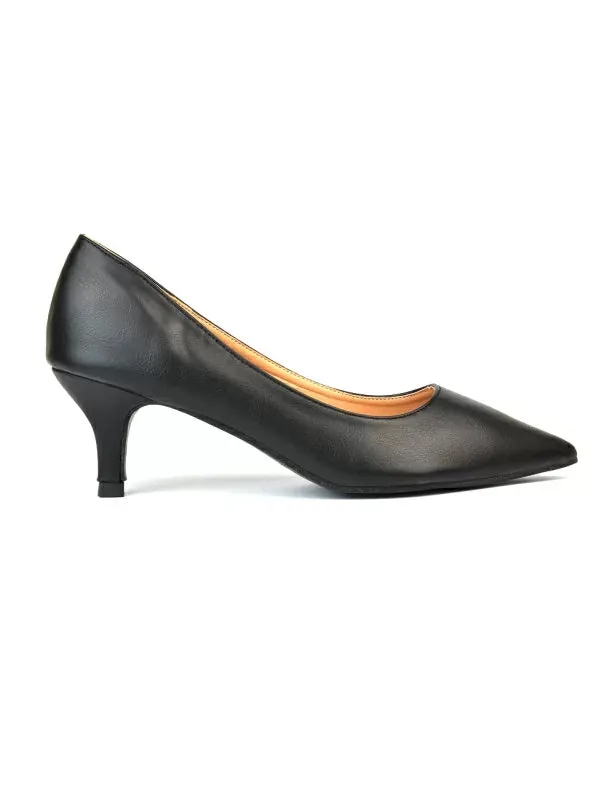Cali Pointed Toe Court Shoes With a Low Kitten Heel In Black Synthetic Leather