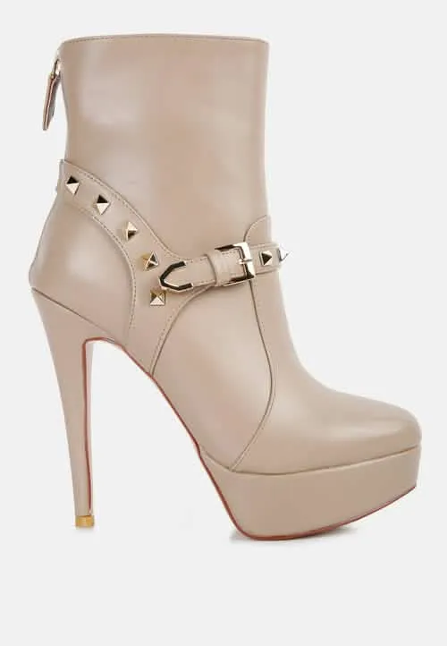 Chic Stiletto Ankle Booties with Edgy Studs and Unique Belt Detail