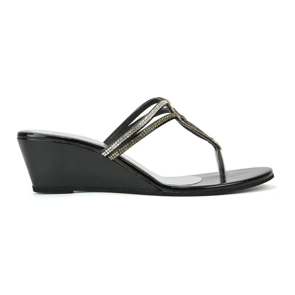 CLARISSA DIAMANTE EMBELLISHED TOE POST DAINTY FRONT STRAP WEDGE SANDALS HEELS IN BLACK