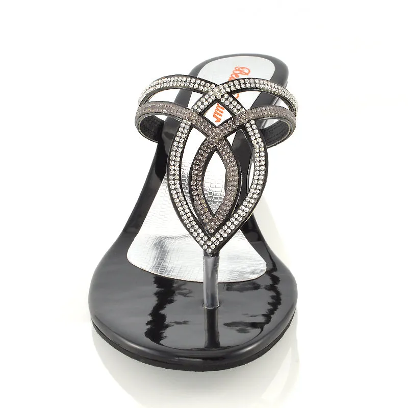 CLARISSA DIAMANTE EMBELLISHED TOE POST DAINTY FRONT STRAP WEDGE SANDALS HEELS IN BLACK