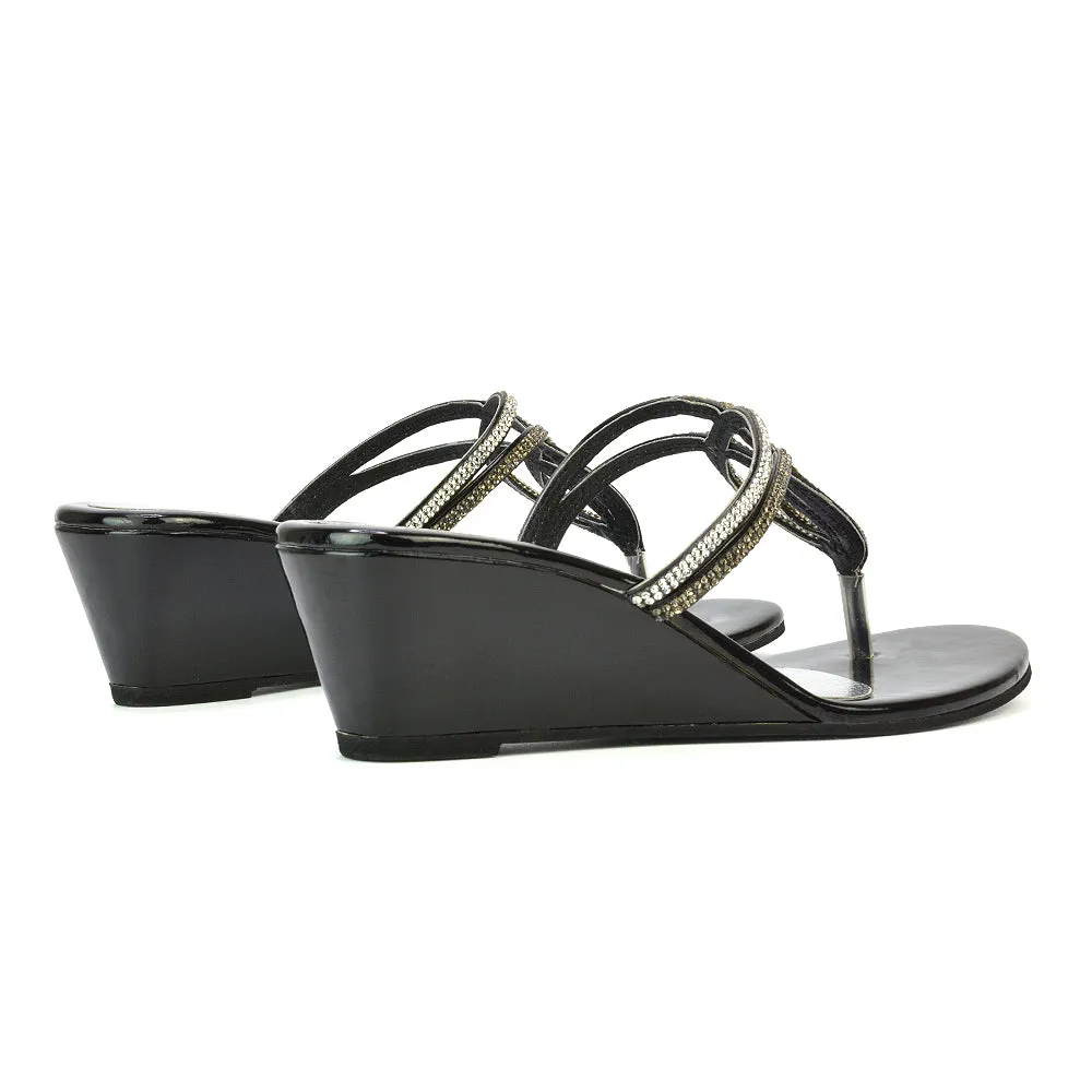 CLARISSA DIAMANTE EMBELLISHED TOE POST DAINTY FRONT STRAP WEDGE SANDALS HEELS IN BLACK