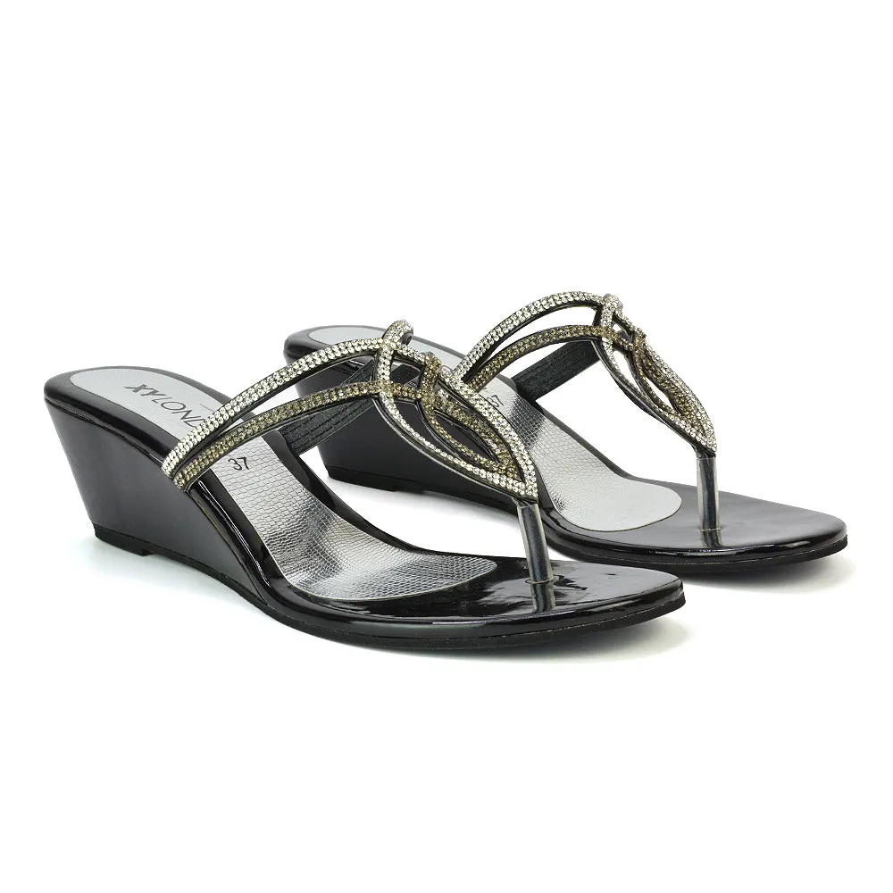CLARISSA DIAMANTE EMBELLISHED TOE POST DAINTY FRONT STRAP WEDGE SANDALS HEELS IN BLACK
