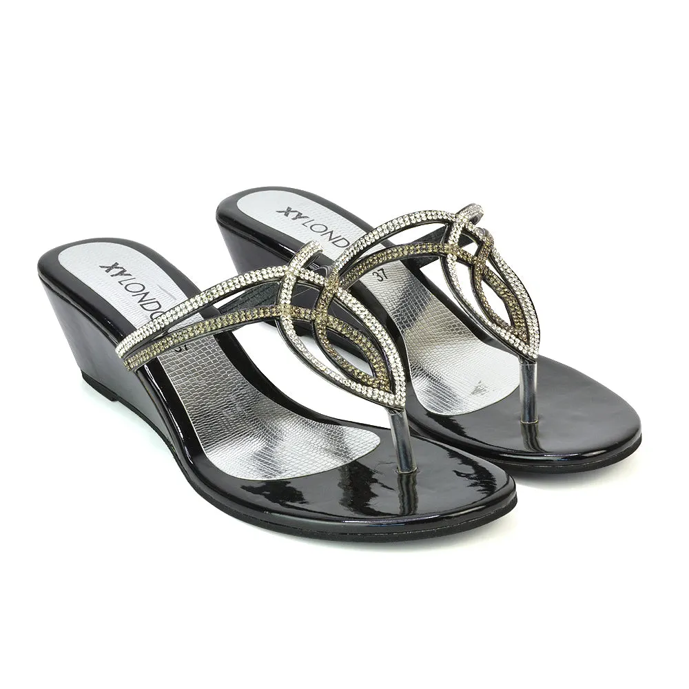 CLARISSA DIAMANTE EMBELLISHED TOE POST DAINTY FRONT STRAP WEDGE SANDALS HEELS IN BLACK