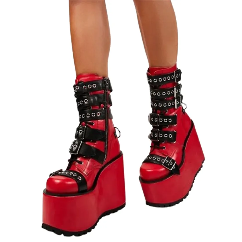Funki Buys | Boots | Women's Buckle Strap Chunky Wedge Boot