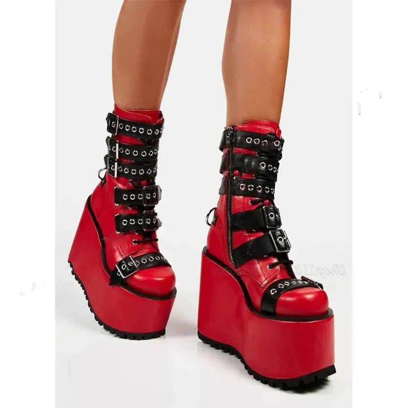 Funki Buys | Boots | Women's Buckle Strap Chunky Wedge Boot