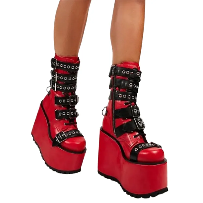 Funki Buys | Boots | Women's Buckle Strap Chunky Wedge Boot