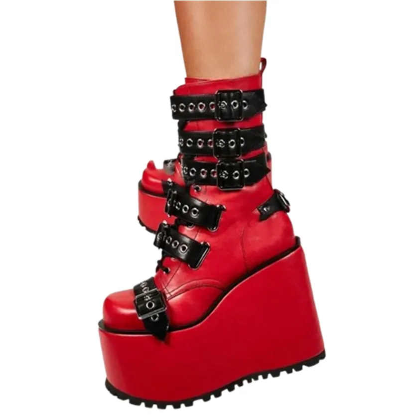 Funki Buys | Boots | Women's Buckle Strap Chunky Wedge Boot