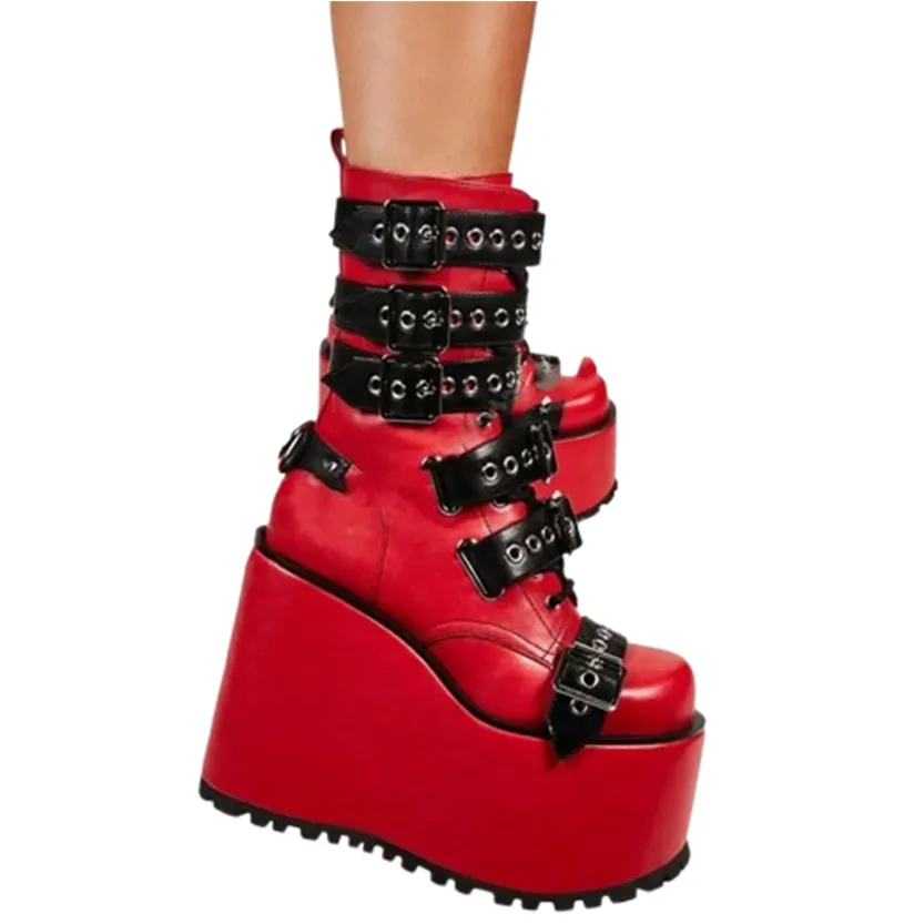 Funki Buys | Boots | Women's Buckle Strap Chunky Wedge Boot