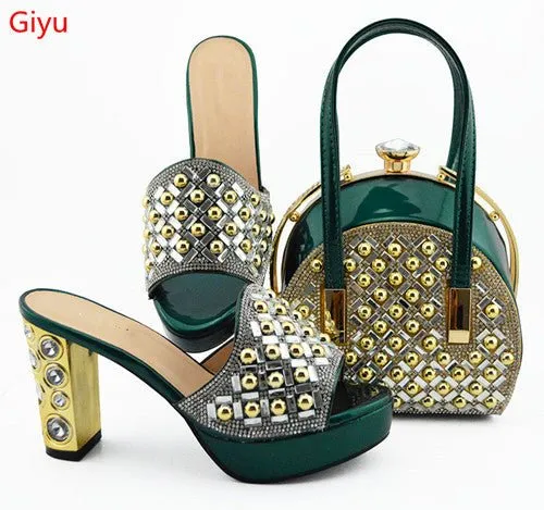 GIYU Gorgeously Studded High Quality Peep Toe Platform Shoes with Matching Bag