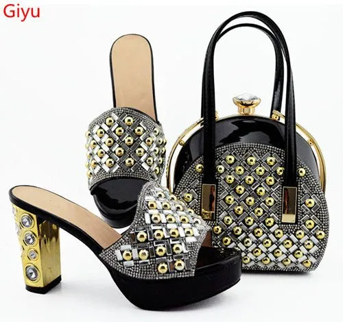 GIYU Gorgeously Studded High Quality Peep Toe Platform Shoes with Matching Bag