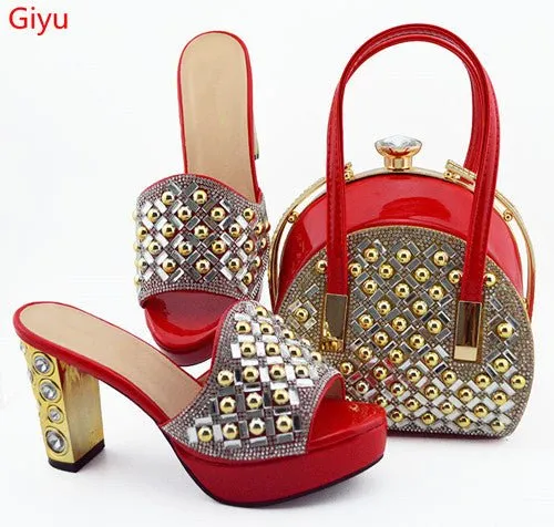 GIYU Gorgeously Studded High Quality Peep Toe Platform Shoes with Matching Bag