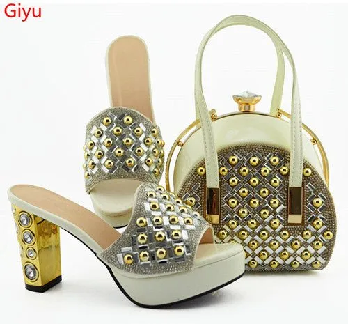 GIYU Gorgeously Studded High Quality Peep Toe Platform Shoes with Matching Bag
