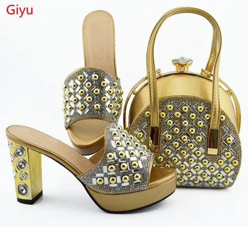 GIYU Gorgeously Studded High Quality Peep Toe Platform Shoes with Matching Bag