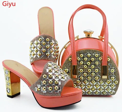 GIYU Gorgeously Studded High Quality Peep Toe Platform Shoes with Matching Bag