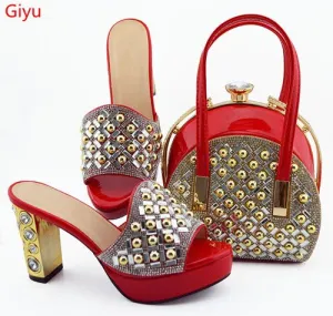 GIYU Gorgeously Studded High Quality Peep Toe Platform Shoes with Matching Bag