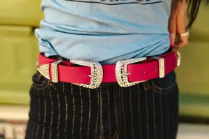 Hot Pink Rhinestone Studded Double Buckle Belt