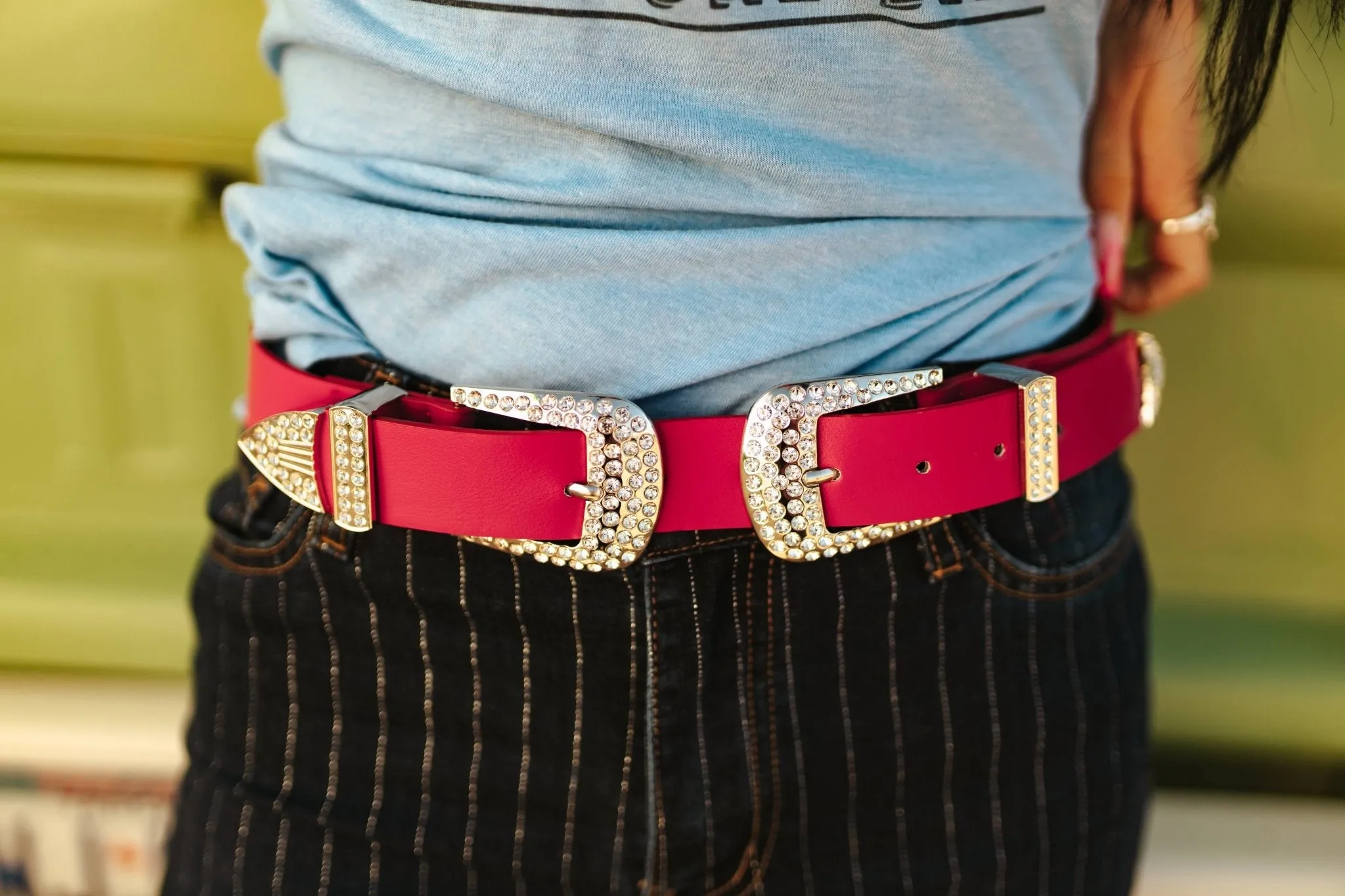 Hot Pink Rhinestone Studded Double Buckle Belt