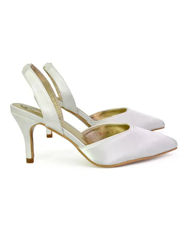 Imogen Pointed Toe Sling Back Stiletto Mid Heel Court Shoes in  Ivory