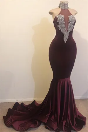 kamahe Burgundy Mermaid High Neck Velvet Prom Dresses