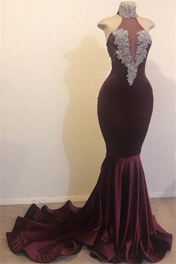 kamahe Burgundy Mermaid High Neck Velvet Prom Dresses