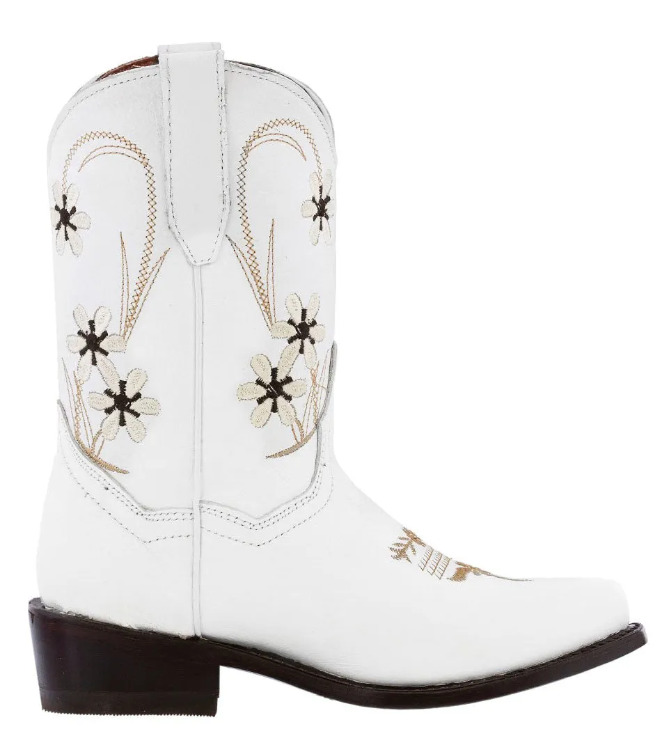 Kids FLWR White Western Cowboy Boots Floral Leather - Snip Toe