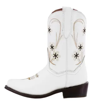 Kids FLWR White Western Cowboy Boots Floral Leather - Snip Toe