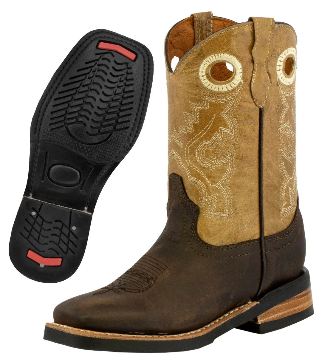 Kids Toddler Western Cowboy Boots Pull On Square Toe Dark Brown - #142