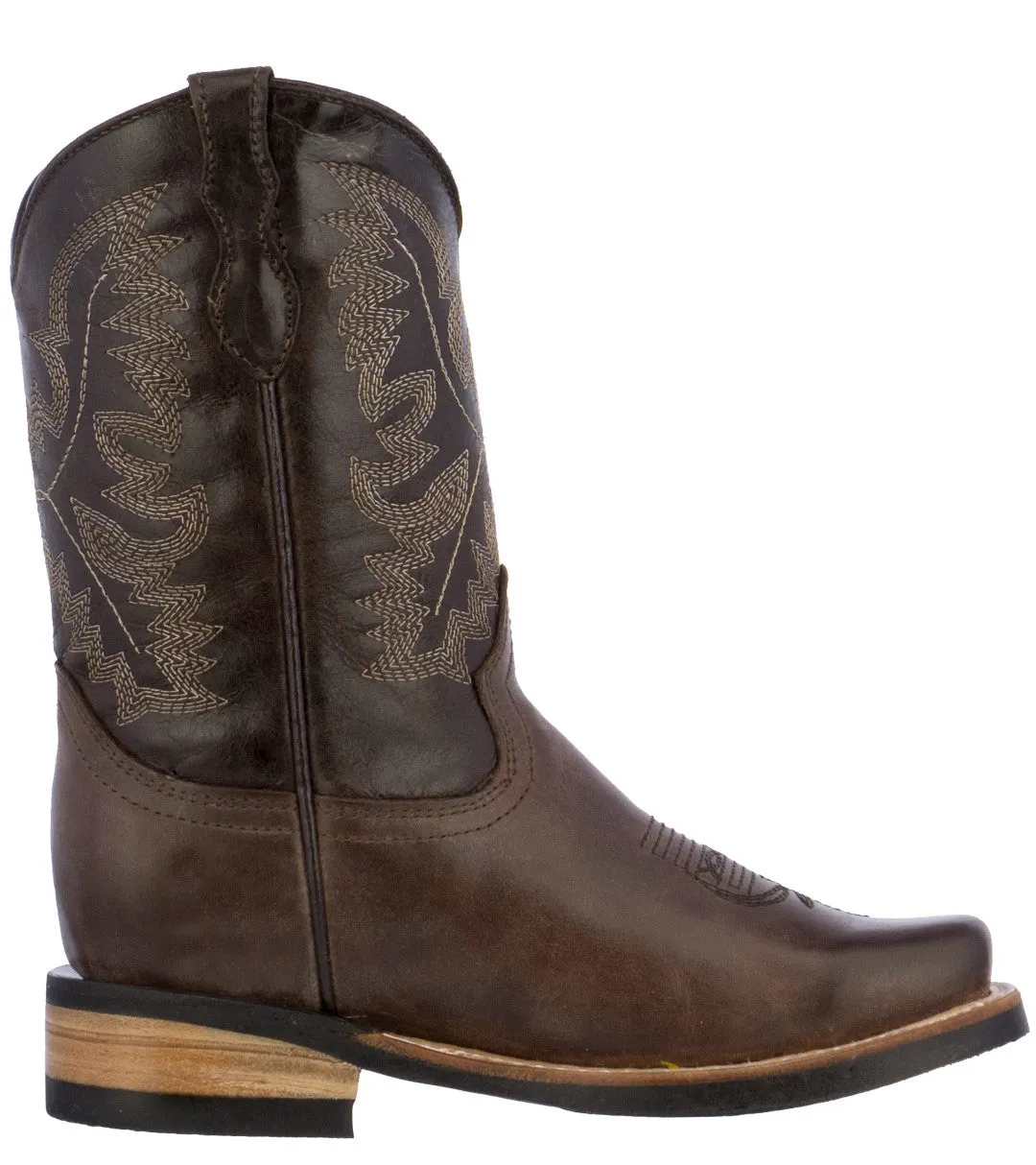 Kids Unisex Genuine Leather Western Wear Boots Dark Brown Square Toe Botas