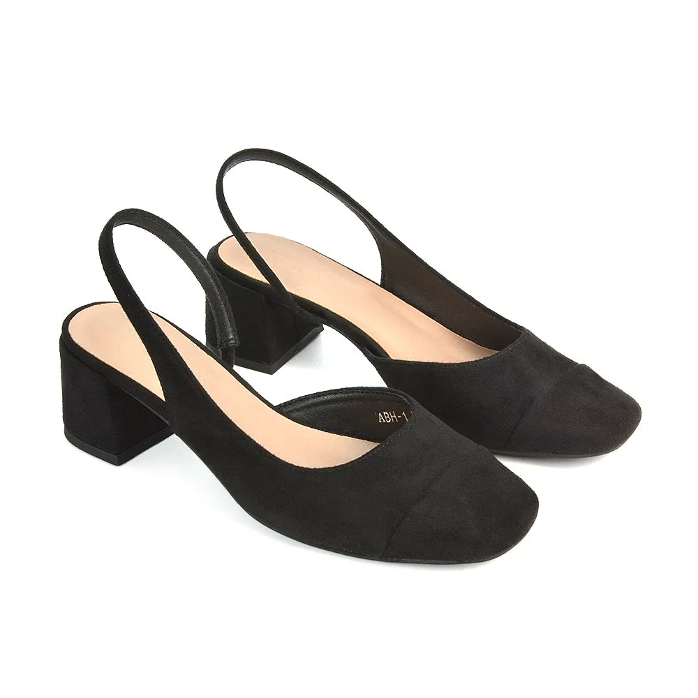 Kyla Low Block Heels Square Toe Slingback Court Shoes in Mocha Synthetic Leather