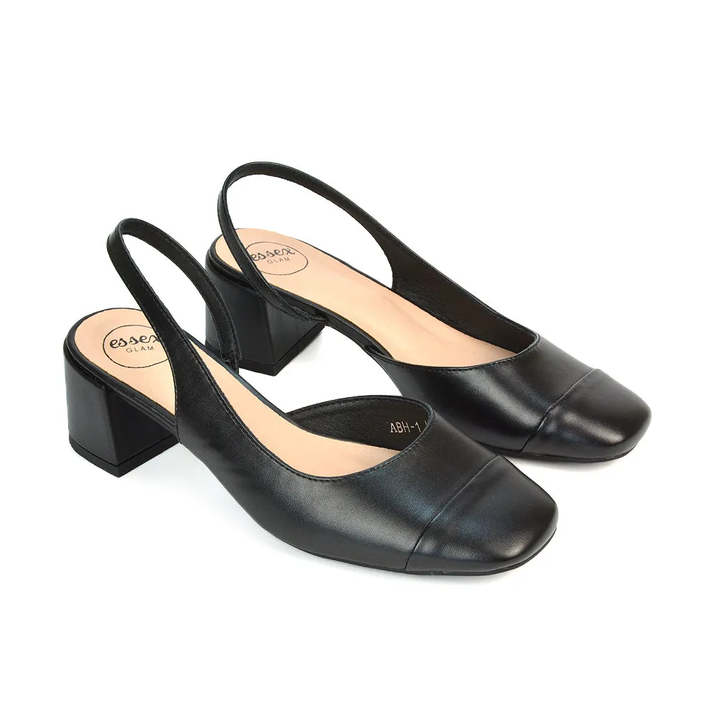 Kyla Low Block Heels Square Toe Slingback Court Shoes in Mocha Synthetic Leather
