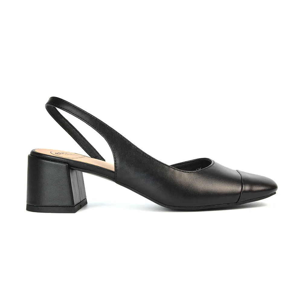 Kyla Low Block Heels Square Toe Slingback Court Shoes in Mocha Synthetic Leather